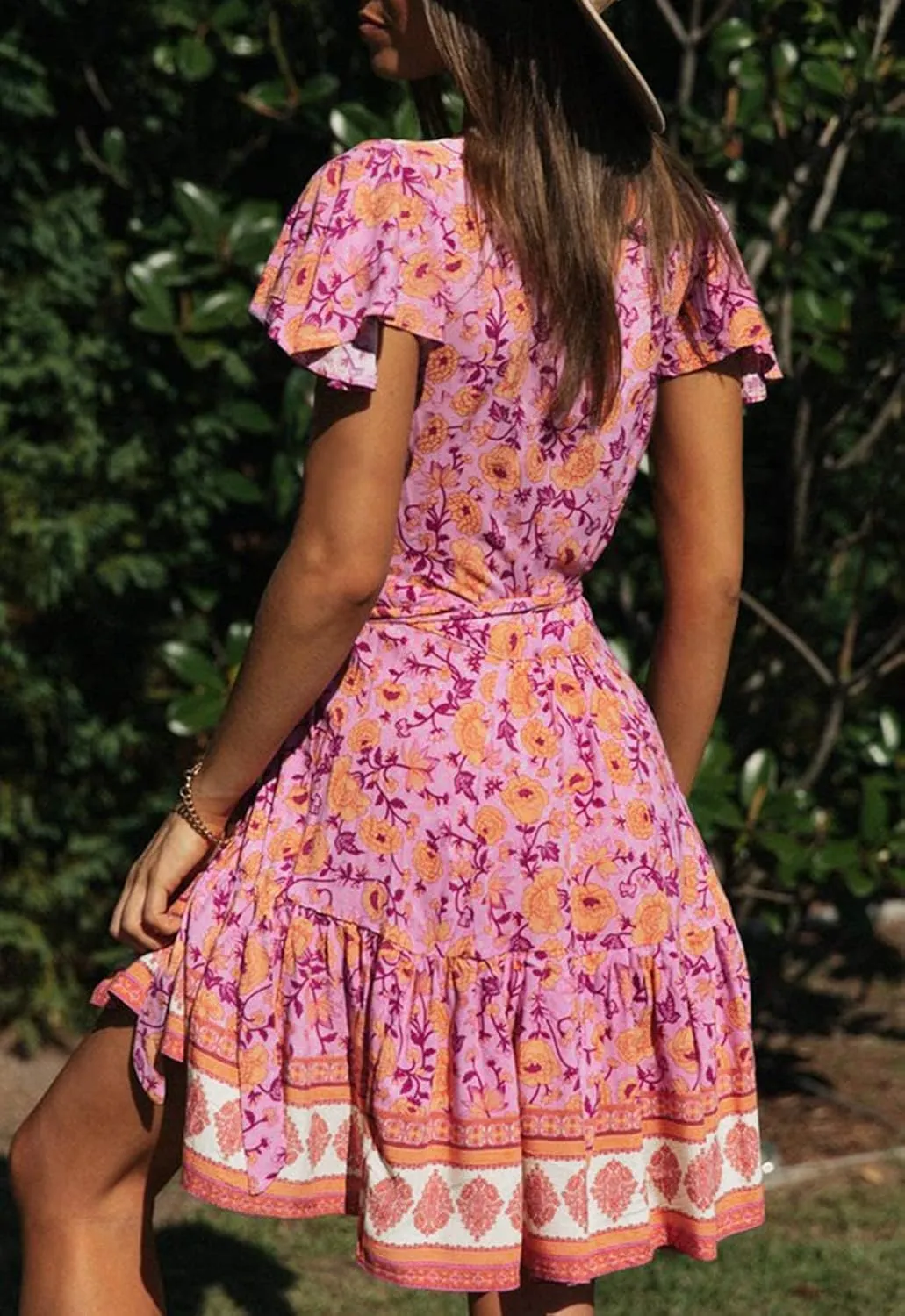 ZESICA Women's Summer Wrap V Neck Bohemian Floral Print Ruffle Swing A Line Beach Mini Dress