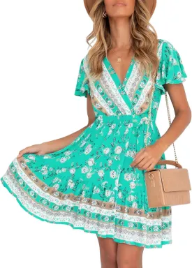 ZESICA Women's Summer Wrap V Neck Bohemian Floral Print Ruffle Swing A Line Beach Mini Dress