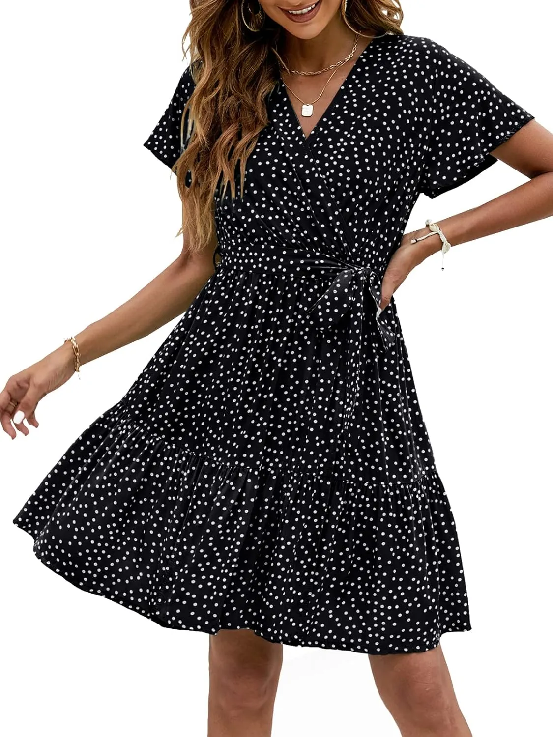 ZESICA Women's Summer Wrap V Neck Bohemian Floral Print Ruffle Swing A Line Beach Mini Dress