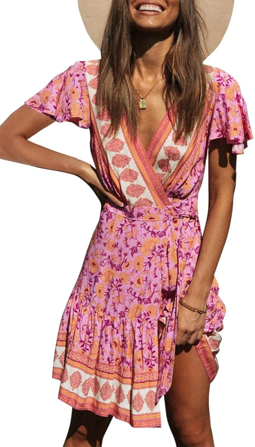 ZESICA Women's Summer Wrap V Neck Bohemian Floral Print Ruffle Swing A Line Beach Mini Dress