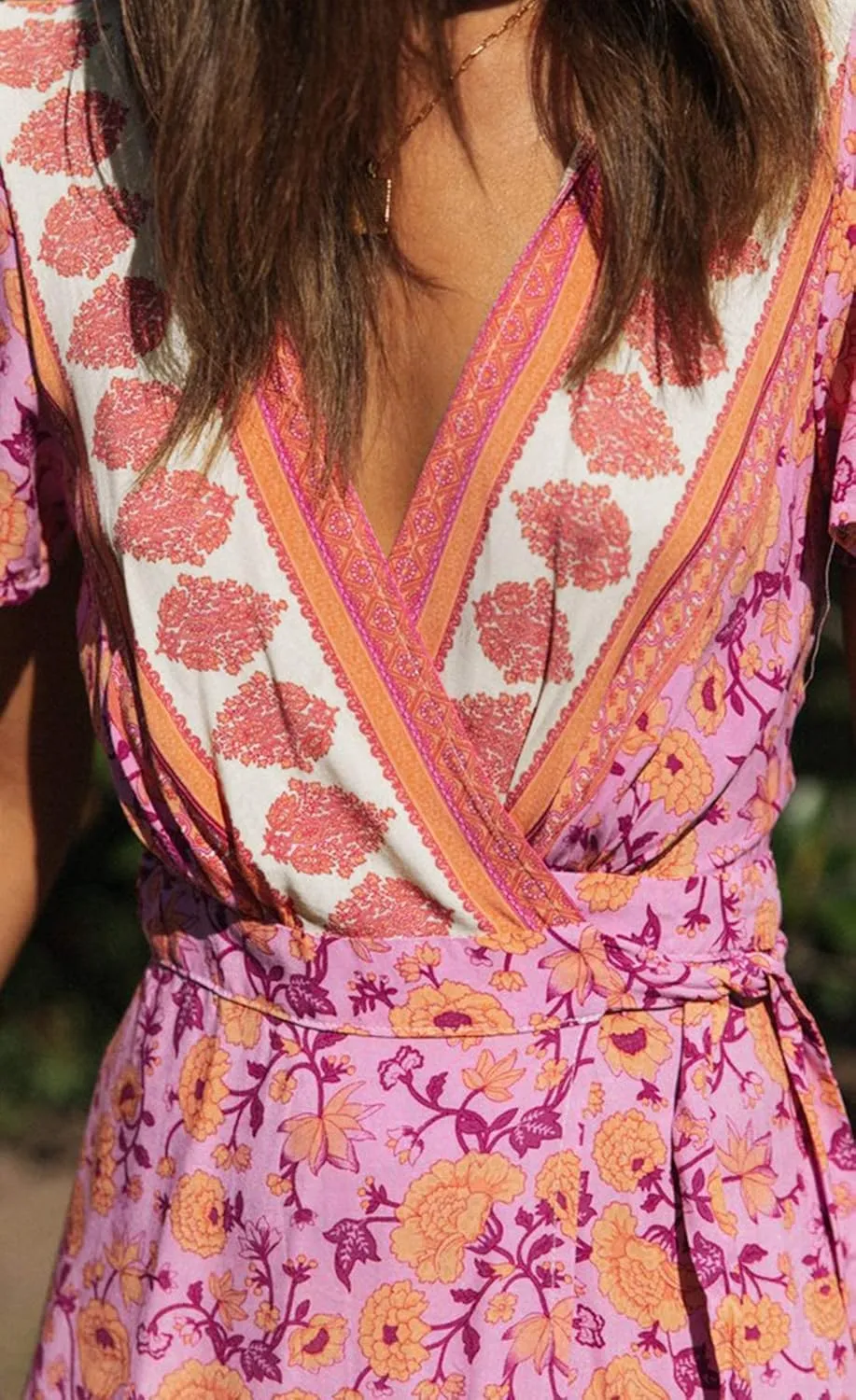 ZESICA Women's Summer Wrap V Neck Bohemian Floral Print Ruffle Swing A Line Beach Mini Dress
