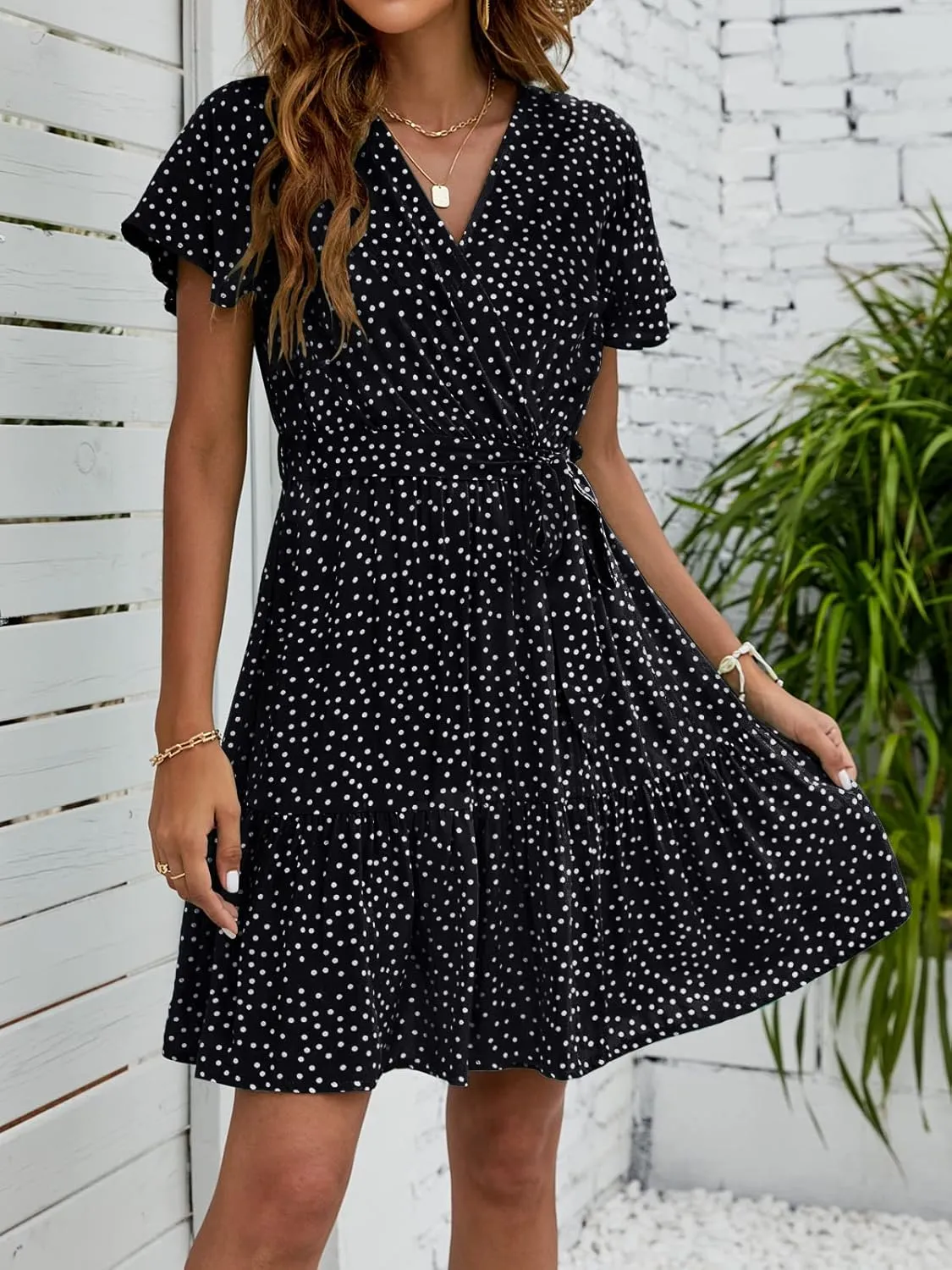 ZESICA Women's Summer Wrap V Neck Bohemian Floral Print Ruffle Swing A Line Beach Mini Dress