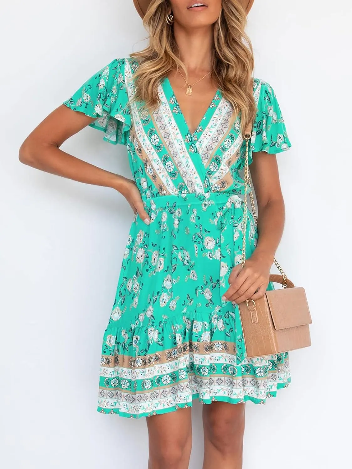 ZESICA Women's Summer Wrap V Neck Bohemian Floral Print Ruffle Swing A Line Beach Mini Dress