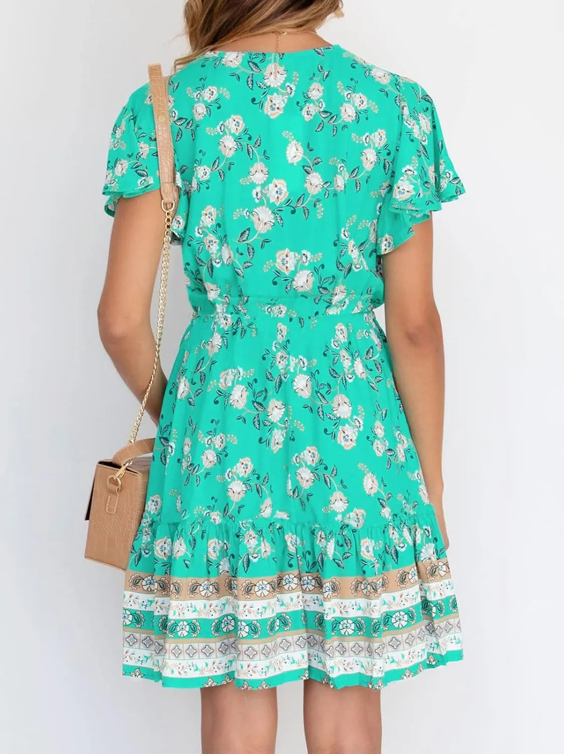 ZESICA Women's Summer Wrap V Neck Bohemian Floral Print Ruffle Swing A Line Beach Mini Dress